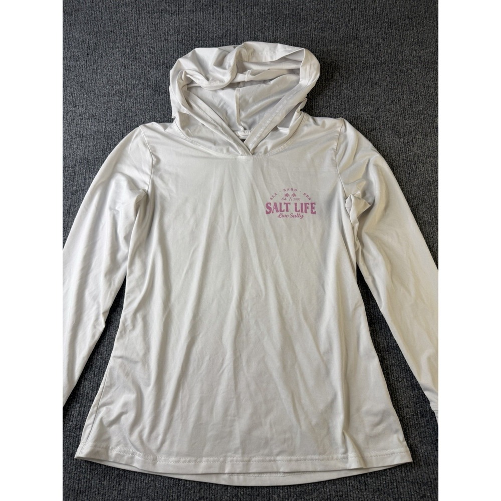 Salt Life SLX White Hooded Performance Shirt Womens S UVAPOR Sun Hoodie